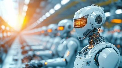 Fototapeta premium A row of futuristic robots with glowing orange lights working in a high-tech assembly line, illuminated by the warm glow of the sunrise.