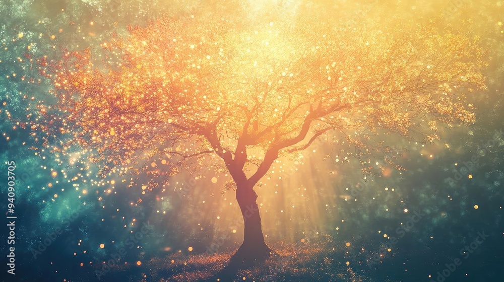 Poster A mystical tree illuminated by soft lights and glowing particles, creating a serene and enchanting atmosphere.
