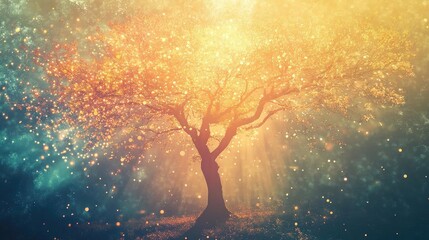 A mystical tree illuminated by soft lights and glowing particles, creating a serene and enchanting atmosphere.