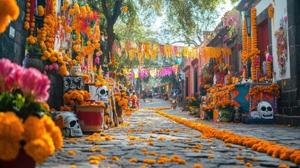 A colorful Mexican street filled with Day of the Dead decorations, including ornate altars and marigold garlands.