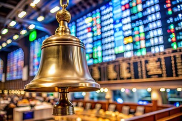 A photo image of a traditional stock market bell symbolizing the opening or closing of a trading day on a busy stock exchange floor.