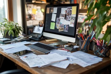 A messy office desk filled with various supplies, computers, and stacks of paperwork, capturing the essence of a creative and disorganized workspace environment.