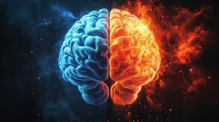 Vivid illustration of a human brain showing contrast between the left and right hemispheres, depicting creativity and logic.