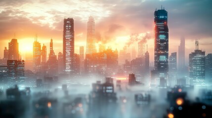 A futuristic city skyline illuminated by the soft glow of sunrise, with towering skyscrapers emerging through a misty atmosphere, blending light and technology in a cyberpunk setting.