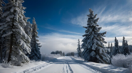 Obraz premium Snow-Covered Trees and a Winding Road Through a Snowy Forest