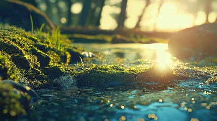  The sun shining brightly, trees frame its rays as it reaches the moss-covered bank of a streaming forest path