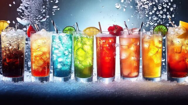A row of colorful drinks with ice cubes in them