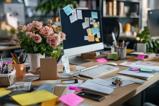 A messy office desk featuring a computer monitor, pink flowers, sticky notes, and various office supplies, reflecting a blend of work and aesthetic touch.