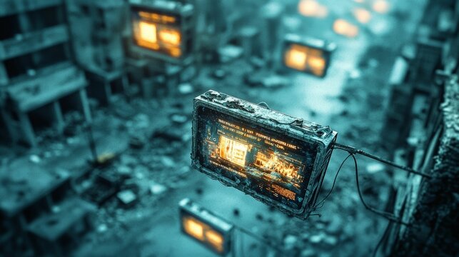 Several digital screens hover over a desolate, post-apocalyptic cityscape, displaying bright, glowing information amidst the ruins, highlighting the contrast between advanced technology and urban deca