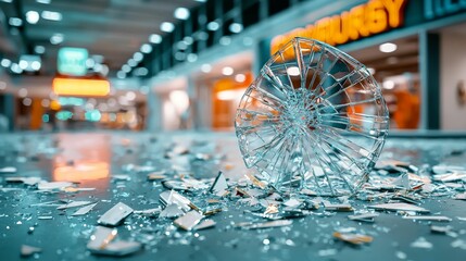 Close-up of shattered glass pieces scattered across a shopping mall floor, with blurred storefronts and lights in the background.
