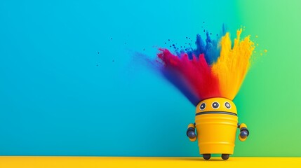A robot with colorful hair is standing in front of a blue wall. The robot is wearing a yellow hat and has a yellow body. The robot is surrounded by colorful powder, which is falling from its head
