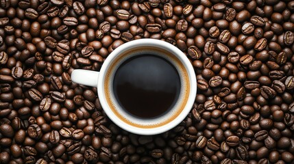 Fototapeta premium Aerial view of a black coffee cup surrounded by roasted coffee beans. Perfect for coffee lovers and lifestyle themes.