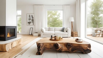 Rustic live edge coffee table made from tree trunk log near fireplace against white sofa. Modern living room