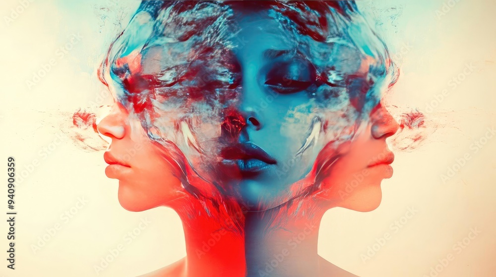 Aufkleber A surreal visual composition blending faces and swirling colors, creating a dreamlike atmosphere of introspection and emotion.