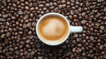 Fototapeta premium Rich, aromatic coffee served in a white cup, surrounded by roasted coffee beans, perfect for coffee lovers and enthusiasts.
