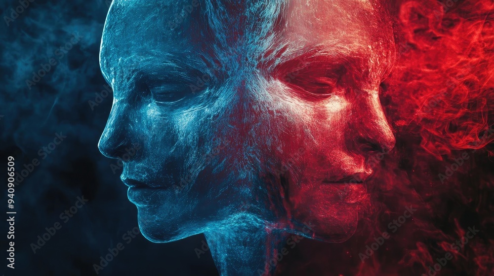 Poster abstract art featuring dual faces created with smoke in contrasting colors, symbolizing duality and 