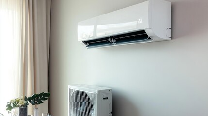 Air conditioner cooling a sunlit dining area, home comfort, refreshing space