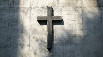 A cross formed by shadows on a plain cement wall, symbolizing quiet strength and the power of light and darkness.
