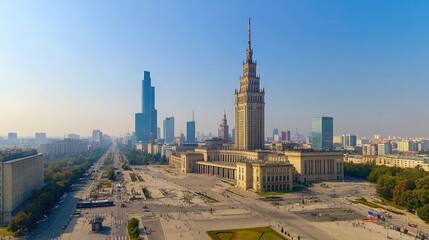 A daytime shot of the Palace of Culture and Science in Warsaw, highlighting its towering presence in the city skyline.