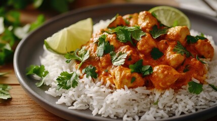 A delicious plate of spicy chicken curry paired with basmati rice, presented with fresh herbs and a wedge of lime.