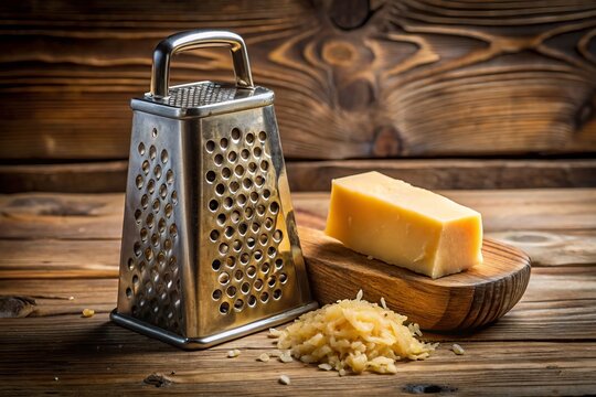 A vintage cheese grater sits proudly atop a block of cheese, its worn wooden handle and rusty metal blades a testament to years of faithful service.