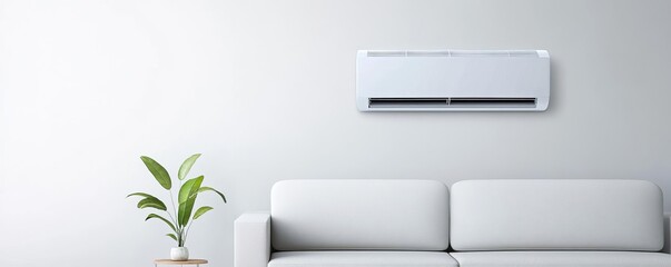 Air conditioner in a minimalist, white living room, cool simplicity, home comfort