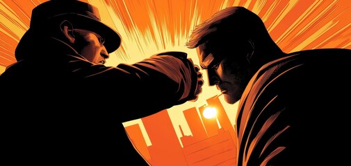 Old-school comic book detective locked in an intense fight under a flickering streetlight, with a gritty noir city backdrop
