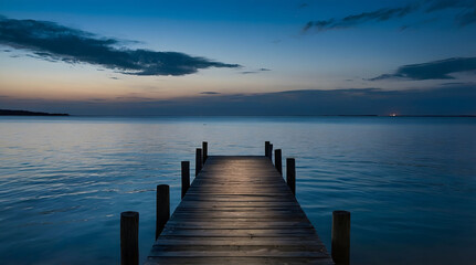 Obraz premium A wooden pier extending into a still lake at dusk