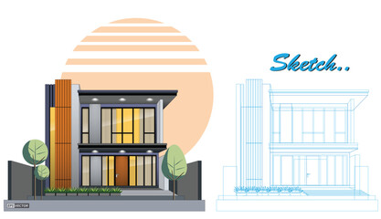 Fototapeta premium An Illustration of Modern Minimalist Template House Design with Blueprint Sketch, featuring a clean and contemporary two-story structure. 