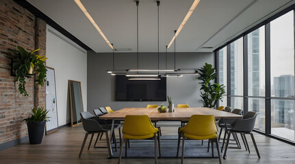 Fototapeta premium Modern Conference Room with Exposed Brick Wall and City View
