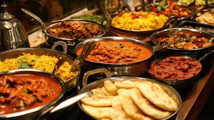 Obraz premium A diverse spread of Indian food, featuring curries, naan, biryani, and chutneys, beautifully arranged.