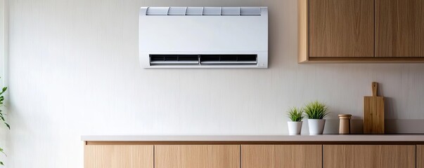 Air conditioner in a stylish, minimalist kitchen, modern living, cooling luxury