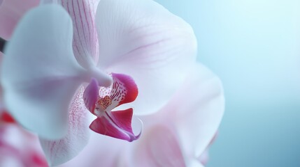  A white and pink flower in focus against a blue backdrop