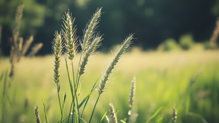 Fototapeta premium A tight shot of a grassy expanse, trees in distant haze form a blurred backdrop, nearer lies the vivid foreground of the grass field