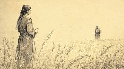 Obraz premium Ruth Gleans in the Fields While Boaz Observes in Ruth, A Moment of Providential Care and Future Hope, Biblical Illustration for Faith-Based Reflection, Beige Background