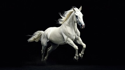 Fototapeta premium A dynamic shot of a white horse charging forward, set against a stark black background.