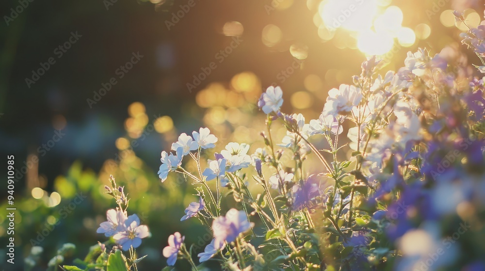 Wall mural  A field filled with purple and white blooms, sun illuminating trees behind