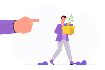 Being fired from work, company lay off concept. Boss hand pointing fired businessman employee away from office. Vector illustration.