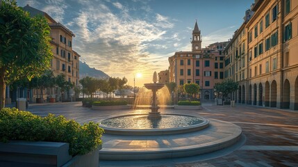 A fresh morning view of a Genoa plaza, with its iconic fountain providing a calming centerpiece under the rising sun.
