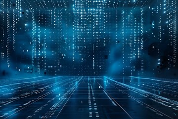 Obraz premium Futuristic digital matrix background with glowing blue data streams falling onto a reflective grid floor.