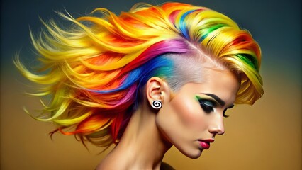 "a photo image of a blonde woman wearing a bold hairstyle featuring bright colors and a stylized 'B' logo shaved into her hair"