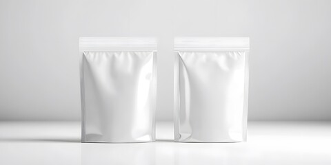 White blank foil doypack mockup, top view isolated on a light background with soft shadows and natural lighting. Realistic texture for packaging design presentation of coffee or other products.