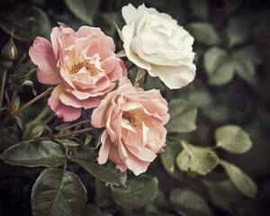 Obraz premium The bouquet of pink roses on a dark background shows off a soft and romantic vintage filter. It looks like an old painting.