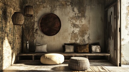 Wabi-sabi style interior with simple furniture and decorations on a distressed wall.