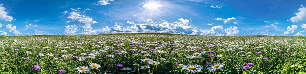 Poster an image of a spring landscape with flowers in bloom on a meadow