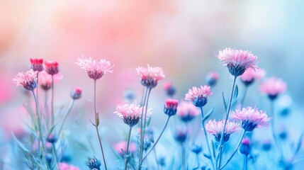 Naklejka premium In this macro photograph, pink forest flowers are shown against a backdrop of blue leaves and stems. This is an artistic natural macro of spring and summer wild flowers.