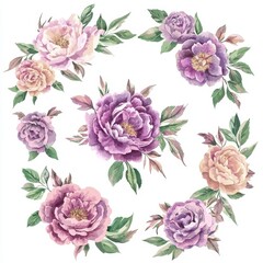 Watercolor floral bouquet with pink roses, violets, and cream peonies isolated on white background.