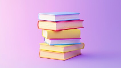 Stack of colorful books arranged unevenly against a pink and purple gradient background Generative AI