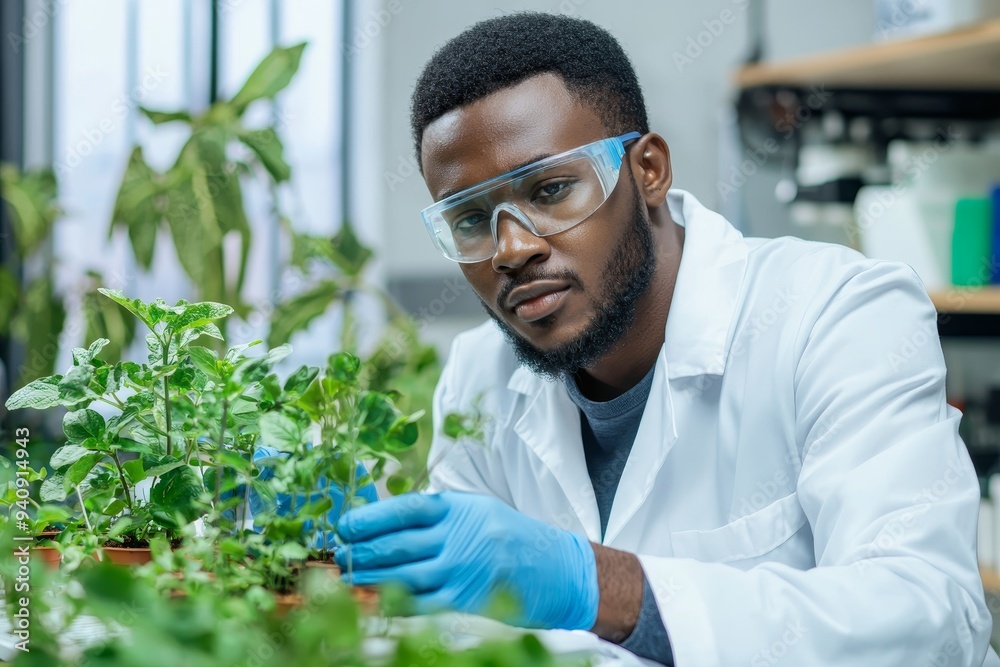Poster working in a lab as a young biotechnology scientist chemist