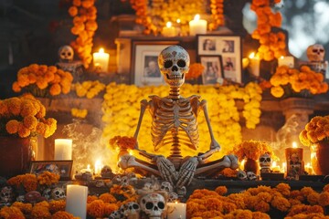 Day of the Dead Altar with Skeleton and Marigolds.